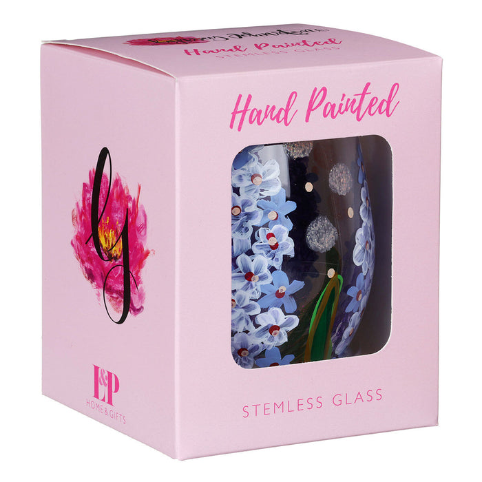 Hand Painted Stemless Tumbler by Lynsey Johnstone - Delphiniums