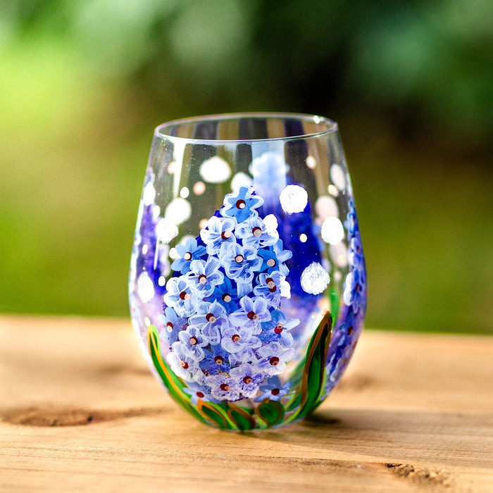 Hand Painted Stemless Tumbler by Lynsey Johnstone - Delphiniums
