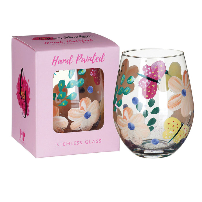 Hand Painted Stemless Tumbler by Lynsey Johnstone - Butterflies & Busy Lizzies
