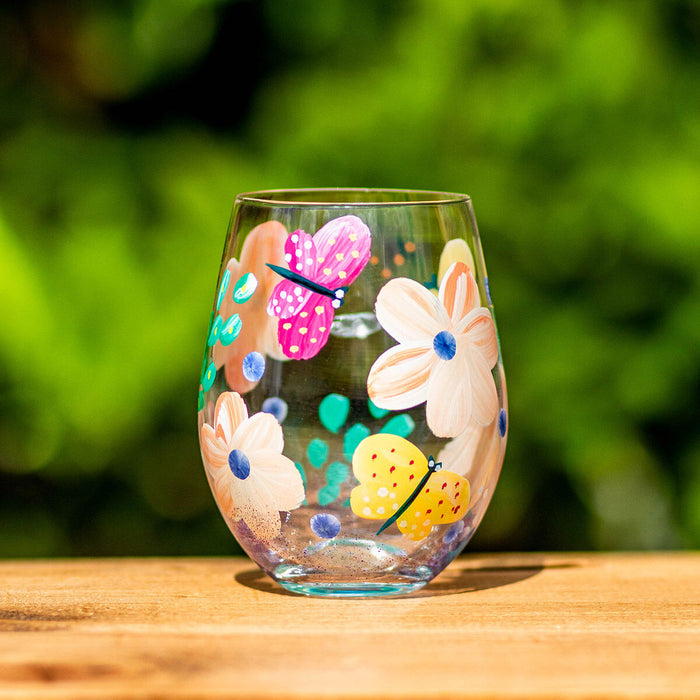 Hand Painted Stemless Tumbler by Lynsey Johnstone - Butterflies & Busy Lizzies