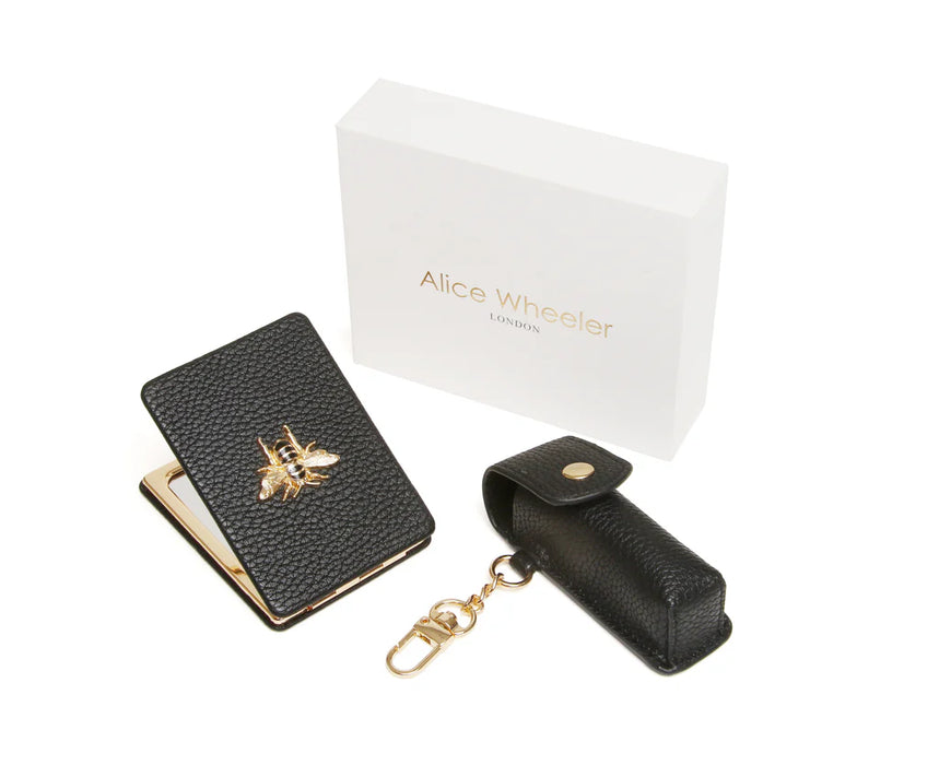 Black - Oblong Compact Mirror & Lipstick Holder Gift Set