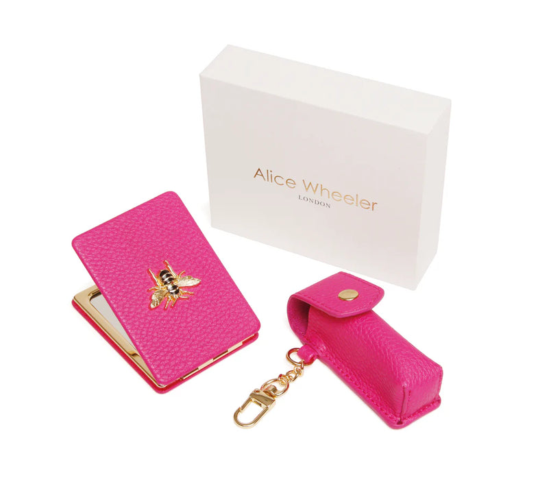 Hot Pink - Oblong Compact Mirror & Lipstick Holder Gift Set