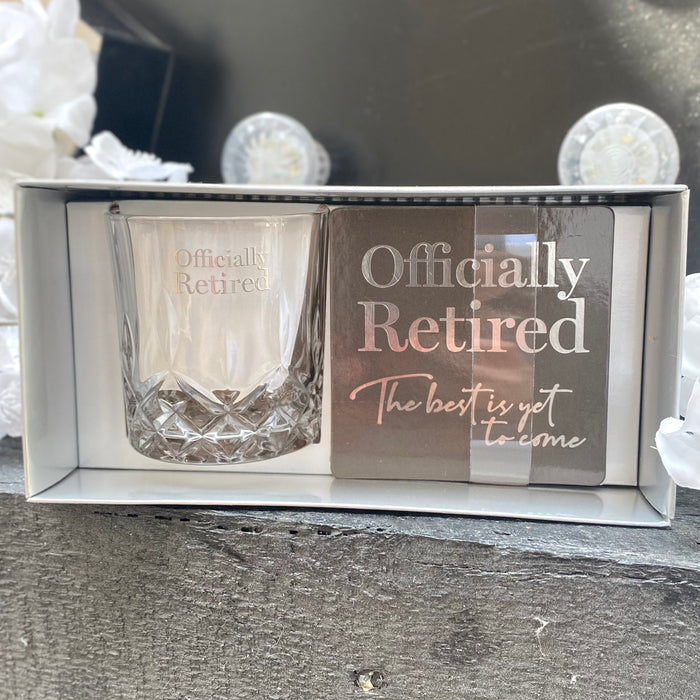 "Officially Retired" Whisky Glass & Coaster Set