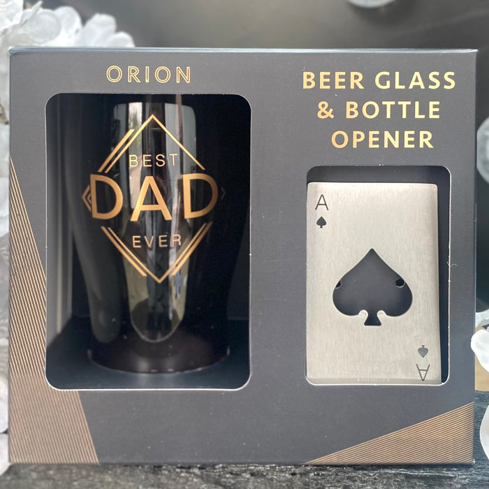 "Best Dad Ever" Beer Glass & Bottle Opener Set