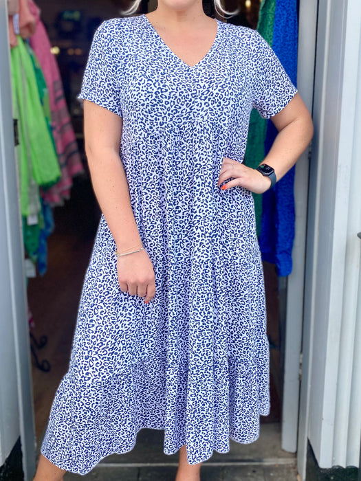 The Libby Dress - White/Navy Leopard Print