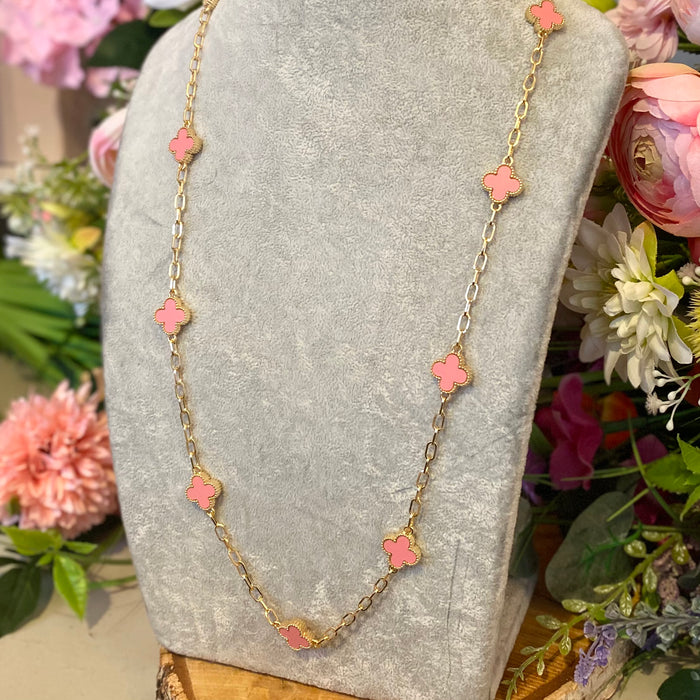 Long Pink Four Leaf Clover Necklace