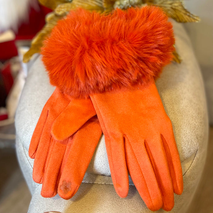 Orange Velvet Faux Fur Trim Gloves