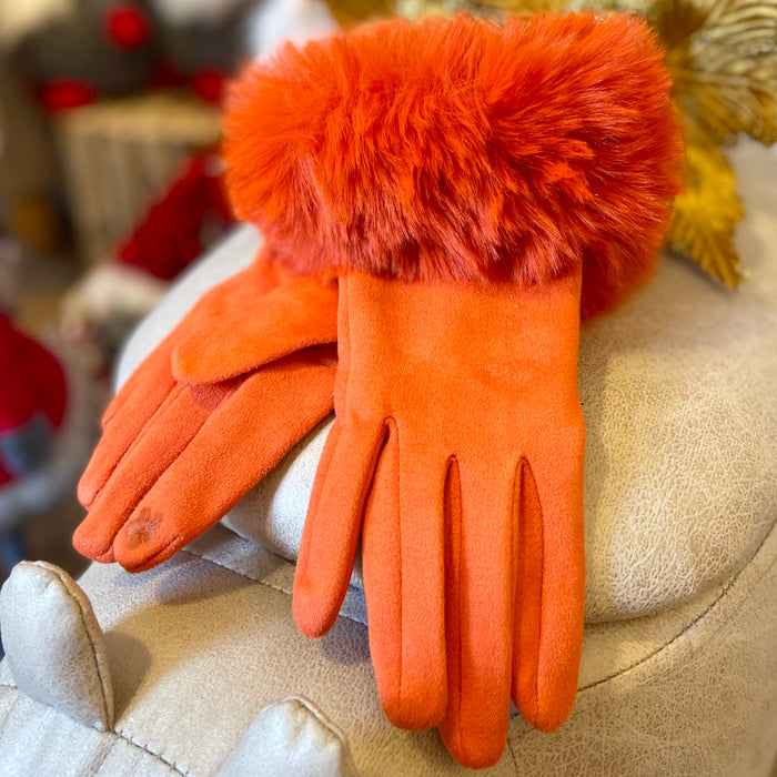 Orange Velvet Faux Fur Trim Gloves