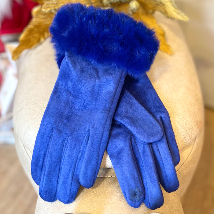 Royal Blue Velvet Faux Fur Trim Gloves