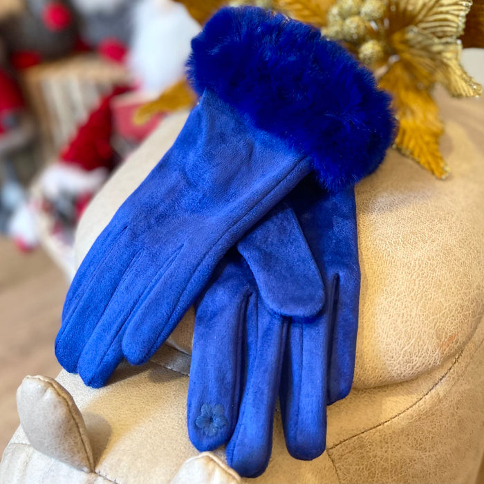 Royal Blue Velvet Faux Fur Trim Gloves