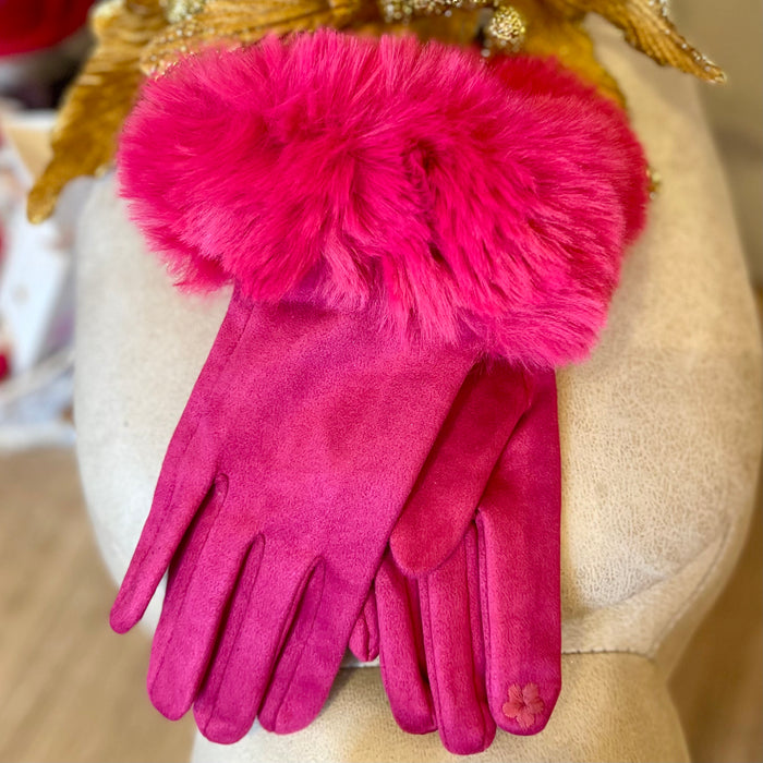 Fuchsia Velvet Faux Fur Trim Gloves