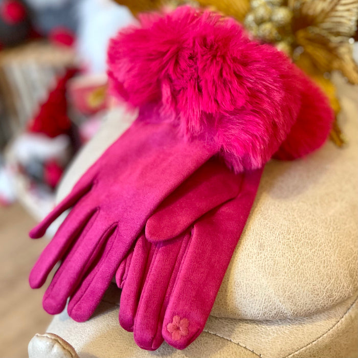 Fuchsia Velvet Faux Fur Trim Gloves