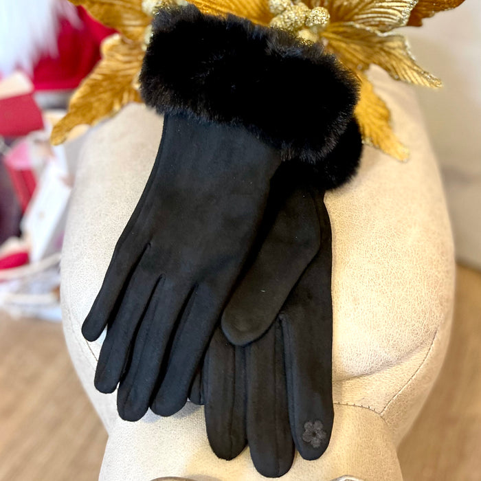 Black Velvet Faux Fur Trim Gloves