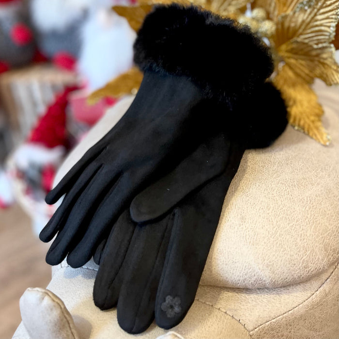 Black Velvet Faux Fur Trim Gloves