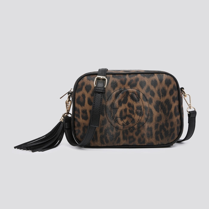 Designer Inspired Camera Bag with Small Logo - Leopard Print Coffee