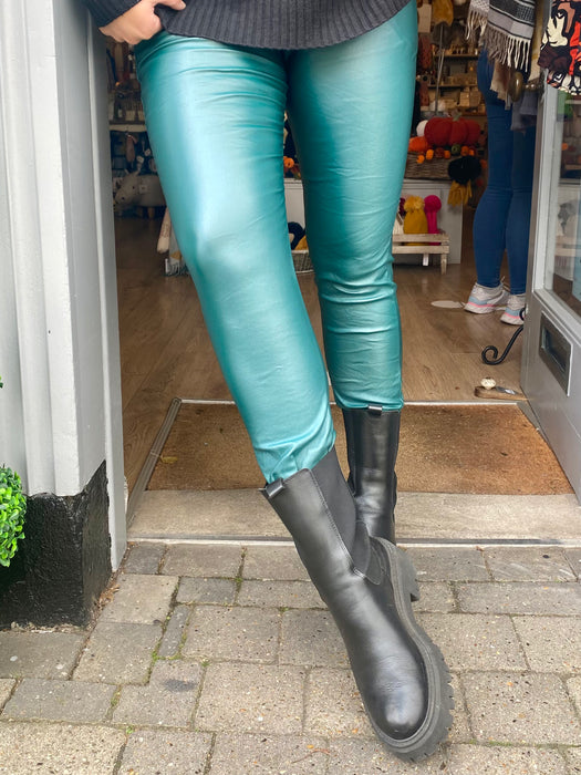 Teal leather best sale pants