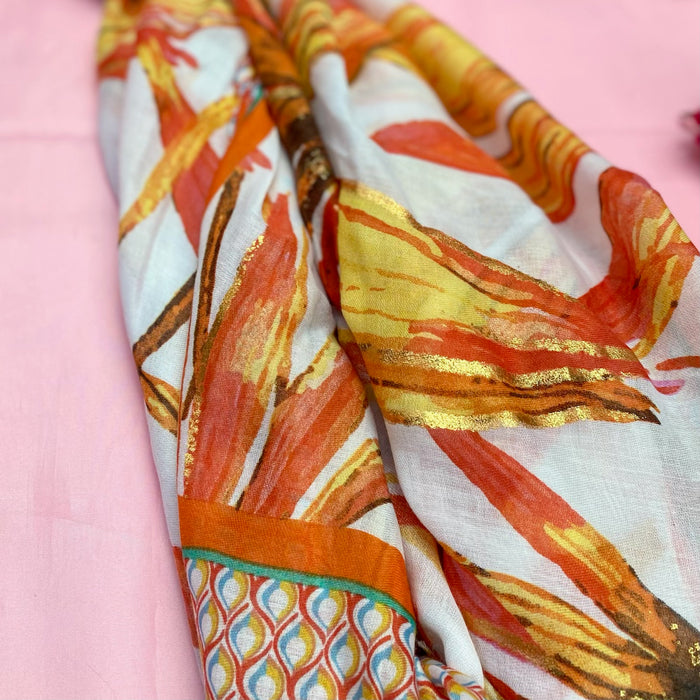 Tropical Gold Leaf Print Scarf - Orange