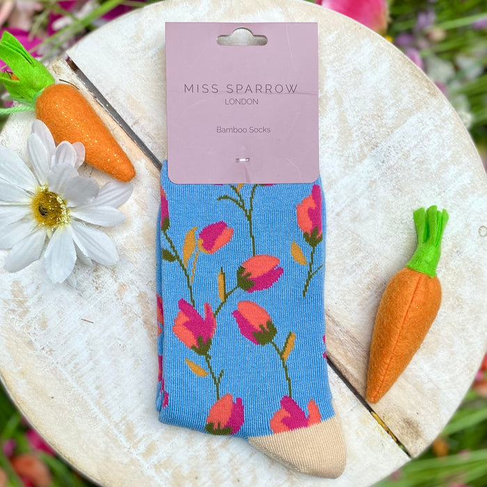 Miss Sparrow Bamboo Socks - Sky Ditsy Flowers