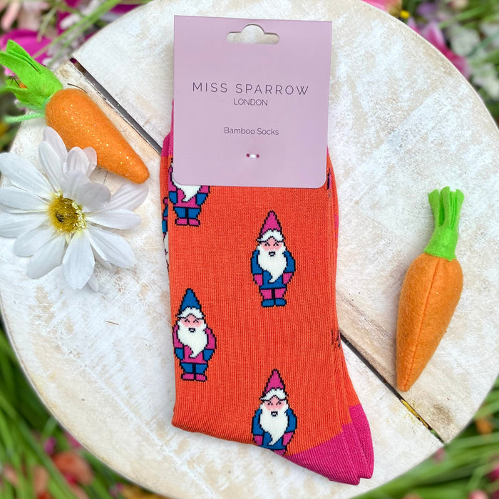 Miss Sparrow Bamboo Socks - Burnt Orange Gnomes