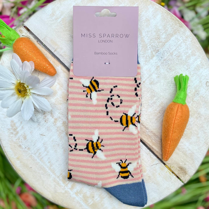 Miss Sparrow Bamboo Socks - Pink Stripey Bees