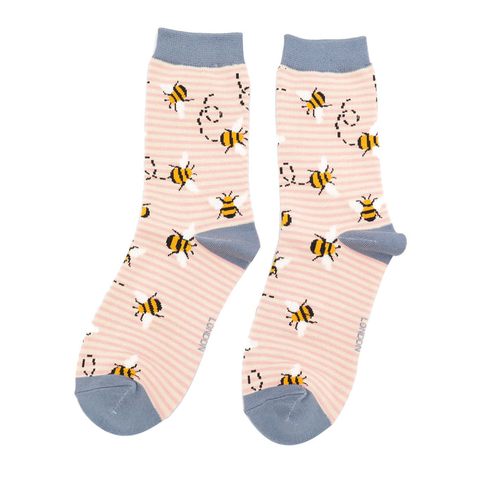 Miss Sparrow Bamboo Socks - Pink Stripey Bees