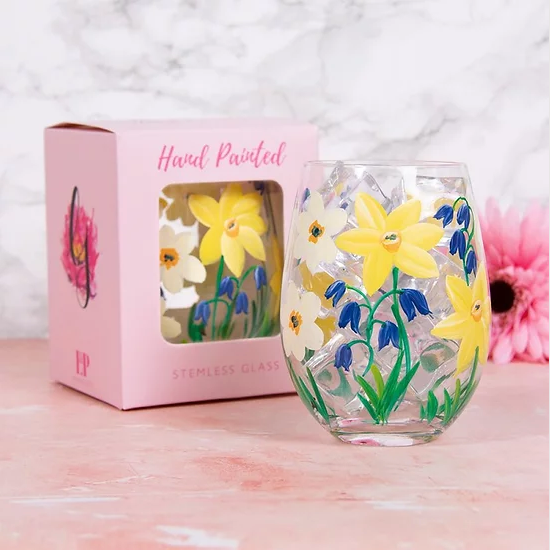 Hand Painted Stemless Tumbler by Lynsey Johnstone - Daffodil & Bluebells