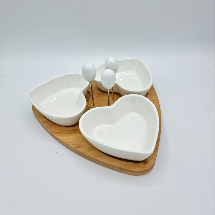White Bamboo 3 Heart Ceramic Dish Set