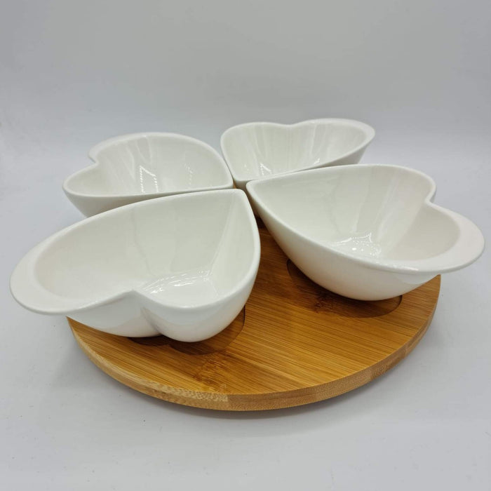 White Bamboo Revolving 4 Heart Ceramic Dish Set
