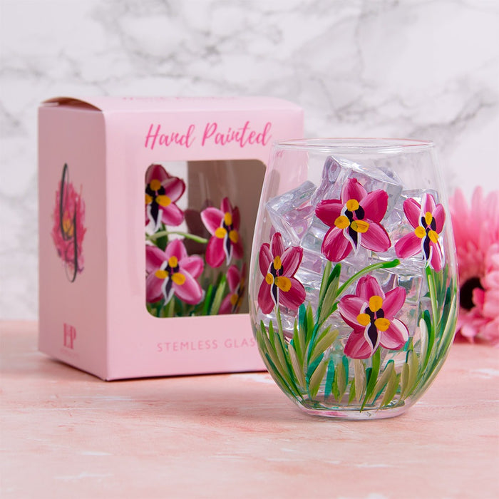 Handpainted Stemless Glass by Lynsey Johnstone - Pink Orchids