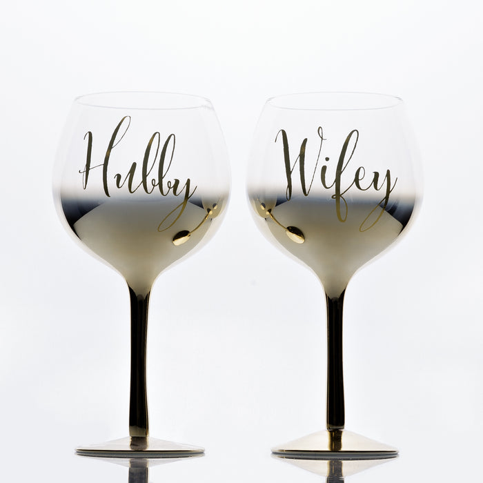 Hubby / Wifey - Set Of 2 Gold Ombre Gin Glasses