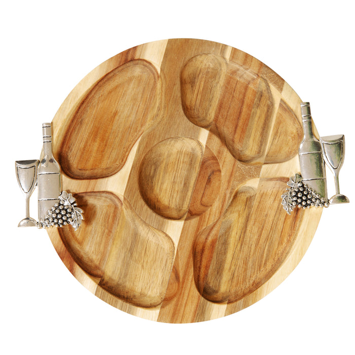 Round Acacia 5 Section Nibbles Board With Wine Handles