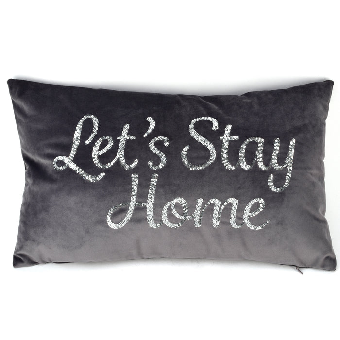 Velvet Cushion With Silver Sequin 'Let's Stay Home'